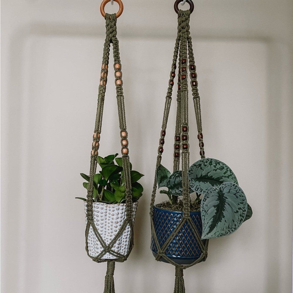Olive green handmade macrame plant hanger